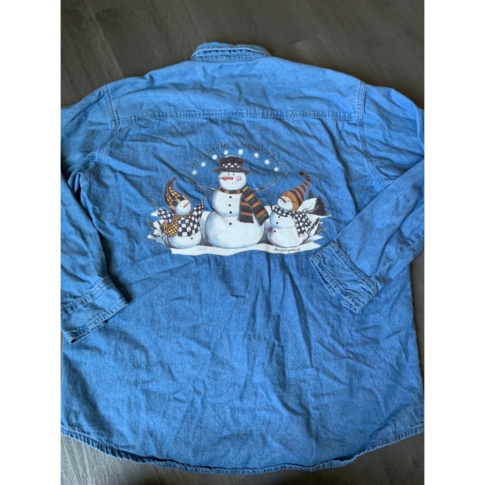 Thunder Denim Shirt Womens Large Snowman Let It Snow button‎ down long sleeve